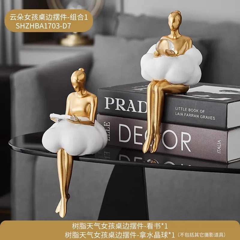 Sitting ballet girl art Golden sculpture Sitting posture ornament home accessories Statuettes Figurines office decor Statues Lootquake LLC
