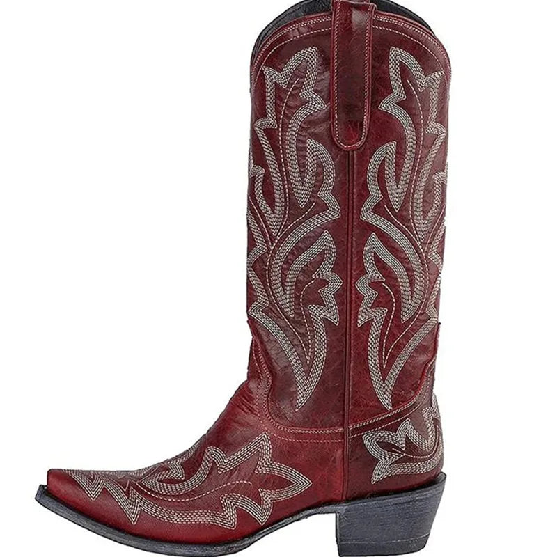 Embroidery Cowboy Boots For Women Knee High Med Calf Vintage Western Cowgirl Boots Women Heeled Casual Shoes Autumn Block Heel Lootquake LLC