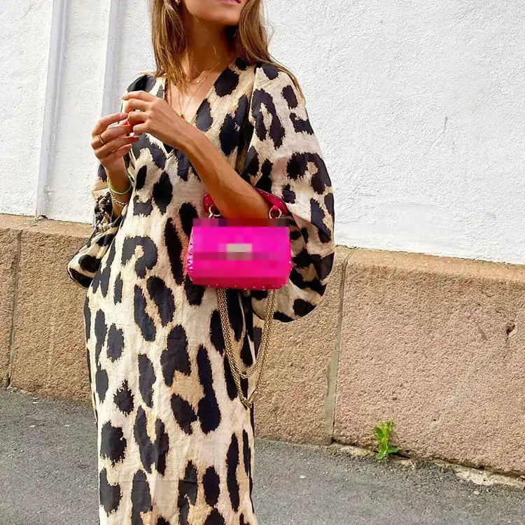 Autumn Women's Long Leopard Print Dress New Long V-neck Loose Lantern Sleeve Leopard Print Dress Long Dress