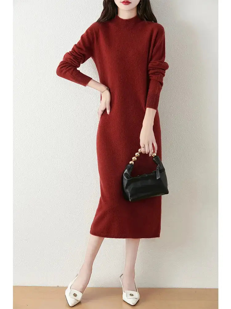 Autumn Winter Women's Wool Long Dress Cashmere Mock Neck Pullover Sweater 100% Merino Wool Soft Knitwear OL Simple Basic Dress Lootquake LLC