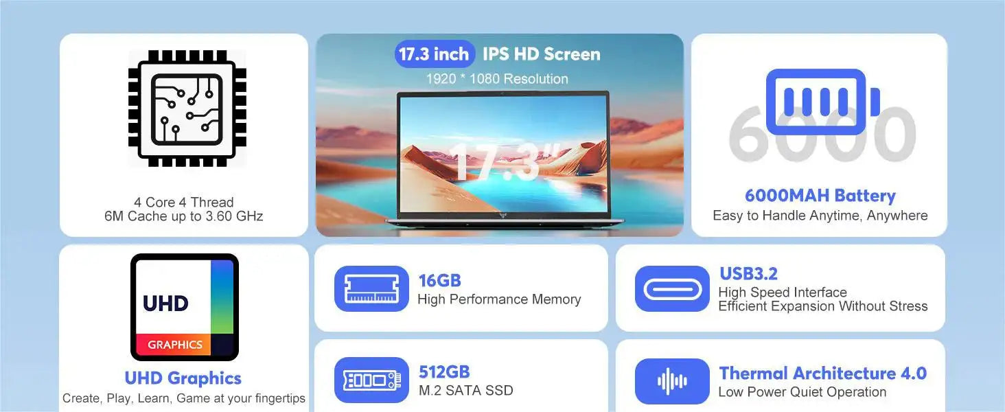 ACEMAGIC Laptop 17.3'' FHD Intel Alder Lake N97 up to 3.6GHz 16GB DDR4 512GB SSD with Windows 11