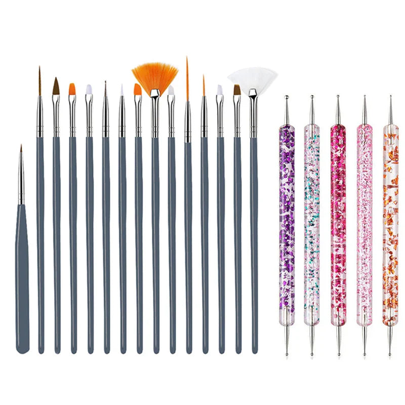 5/20Pcs Nail Art Brush Design Tip Painting Drawing Carving Dotting Pen FlatFan Liner Acrylic Gel UV Polish Manicure Tools