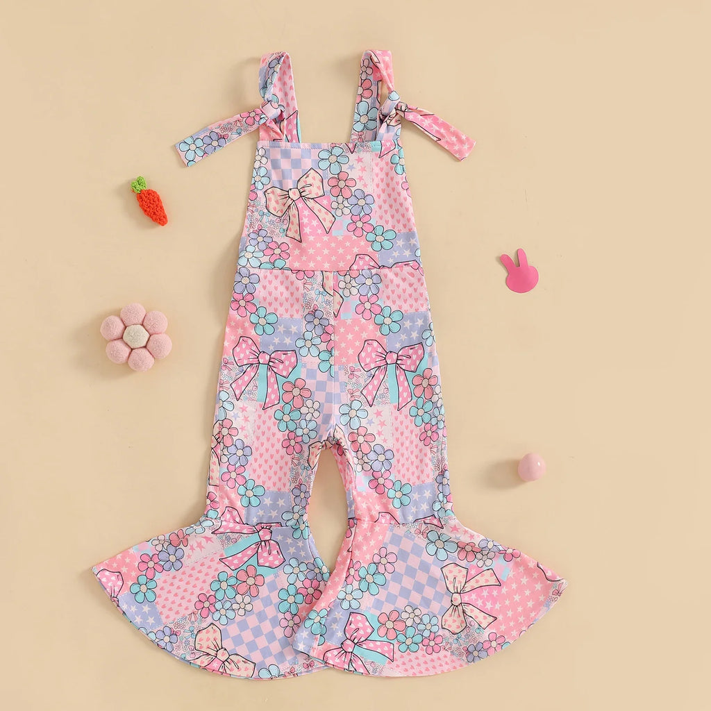 FOCUSNORM 0-4Y Lovely Little Girls Easter Rompers Pants 3 Style Sleeveless Floral Rabbit Print Jumpsuit Suspender Pants