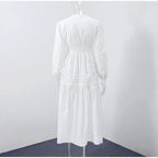 Elegant Lace Patchwork Hollow Out Dress Women Solid V-neck Long Lantern Sleeve Loose Dresses 2025 Spring Vacation Lady Robes