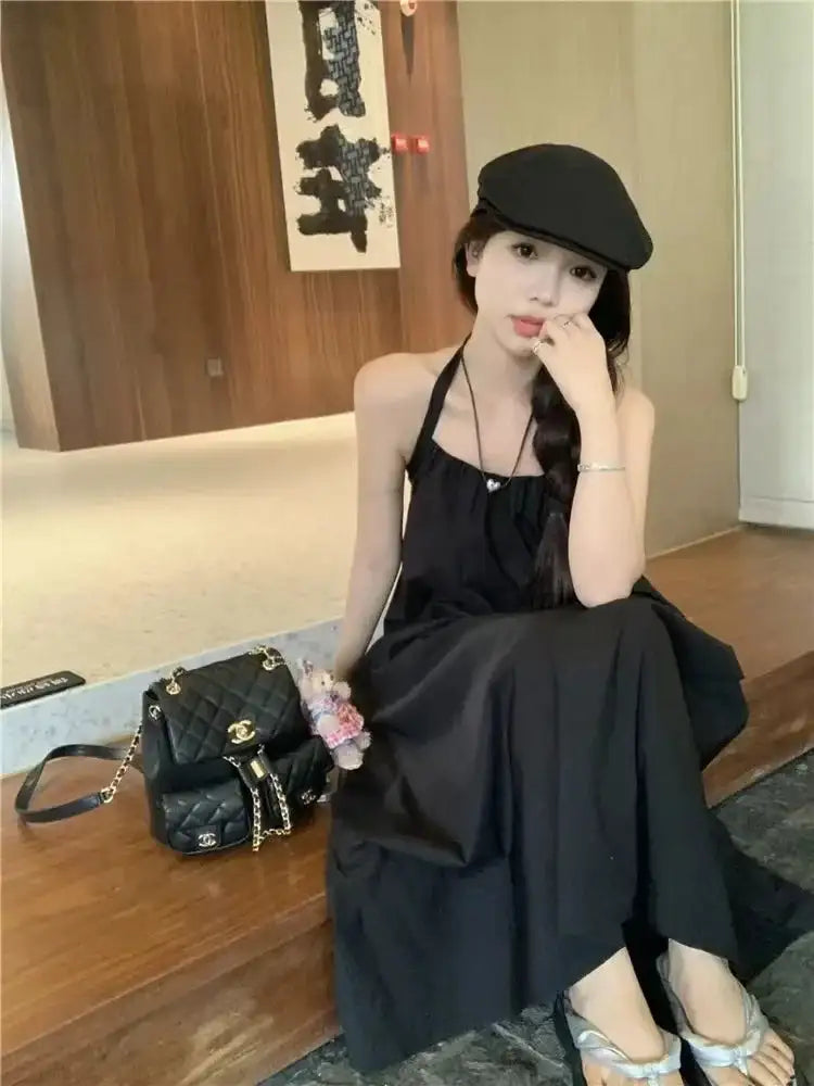 Summer Vacation Dress Thailand Style Open-back Halter Neck Age-reducing Photography Beach Long Dress Belted