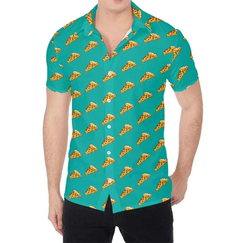 3D Print Pepperoni Pizza Graphic Aloha Shirts For Men Short Sleeve Oversized Beach Hawaii Shirts Mens Button Up Tee Shirt Tops Lootquake LLC