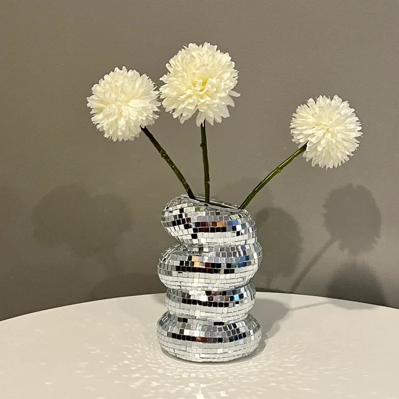 Small Sliver Disco Ball Vase Flower Planter Pot Table Decor Sculpture Table Centerpiece Home Decor Unique Housewarming Gift Pi-Mart