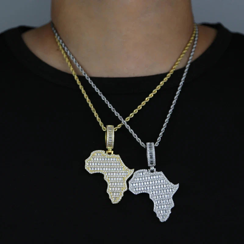 New Arrive Rectangle Cubic Zirconia CZ Paved Bling Africa Map Shaped Pendant Necklace Hip Hop Men Boy Cool Meaning Jewelry Lootquake LLC