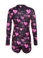 Women’s Long Sleeve Valentine Day Jumpsuit Bodycon V Neck Heart Lip Print Button Down Short Romper Indoor Sleepwear