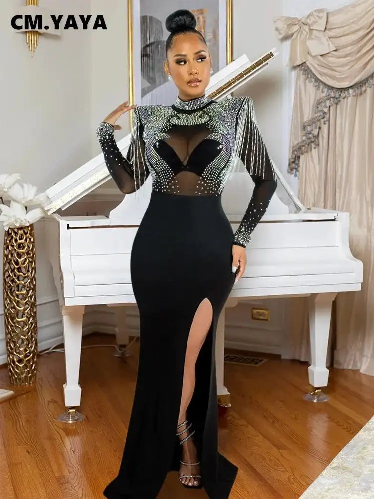 CM.YAYA Women Mesh See Through Long Sleeve Diamonds Hot Rhinestones Mermaid Long Dress Fall Evening Sexy Party Dresses Vestidos