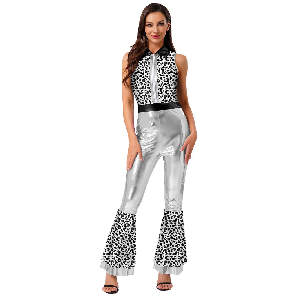 Womens Halloween Retro Hippie Cosplay Costume Party Hip-hop Dance Costume Metallic Shiny Vintage Carnival Bodysuit Jumpsuit Lootquake LLC