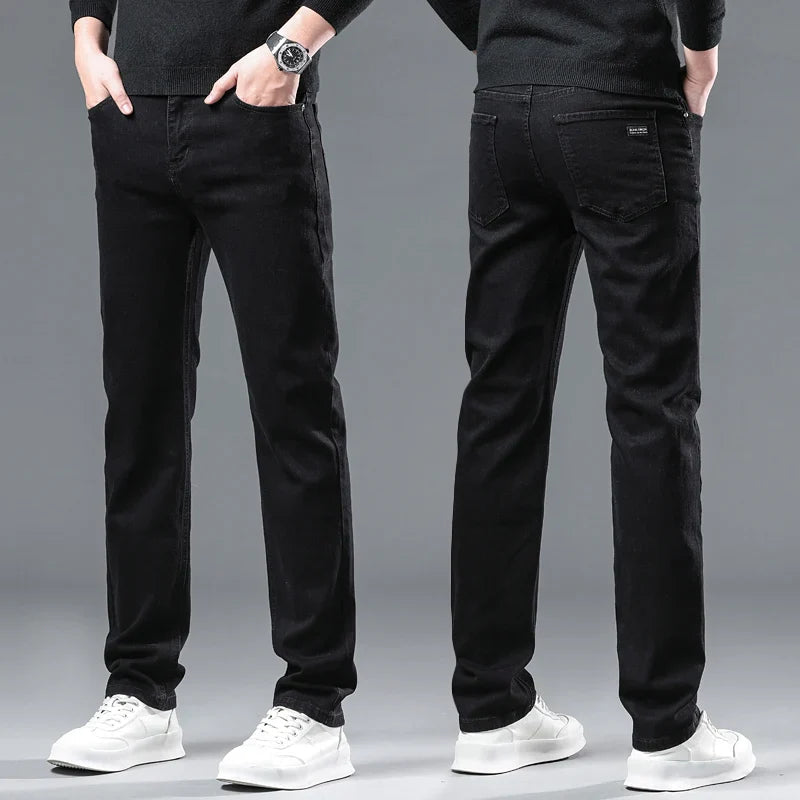 2024 New Winter Pure Black Fleece Thick Warm Jeans Men's loose Straight Elastic Denim Pants classics Casual Plush Trousers Lootquake LLC