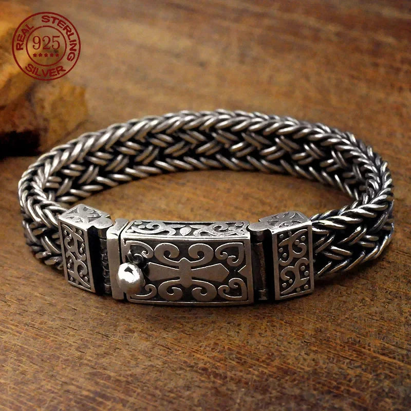 Powerful S925 pure silver vintage pattern woven bracelet, suitable for both men and women, fashionable jewelry gift for everyone Pi-Mart