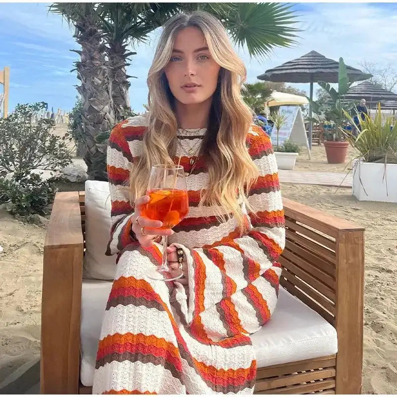 Striped Knitted Long Dress Women O-neck Backless Hollowed Out Long Sleeves Lady Bodycon Dress 2024 Spring Summer Vacation Robe
