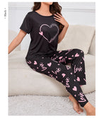 Women's Sleepwear Cozy Heart Print Relaxed Fit Pajama Set Short Sleeve Tee Top & Pants Nightwear 2 Piece Pyjama for All Seasons Lootquake LLC