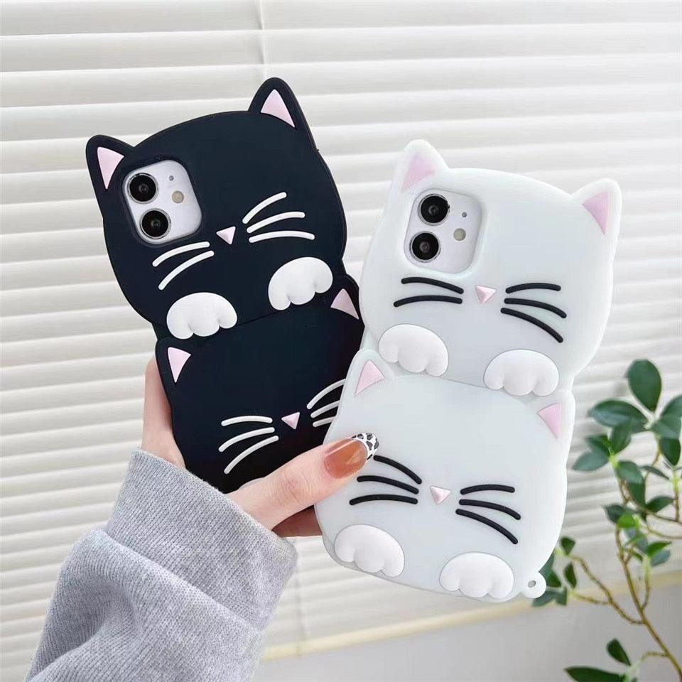 3D Cartoon Cute Cat Ear Phone Case For Iphone 12 13 11 Pro Max X Xr Xs Max 7 8 6 6s Plus Se 2020 Lucky Cat Cartoon Silicone Cat Phone Case Stevvex