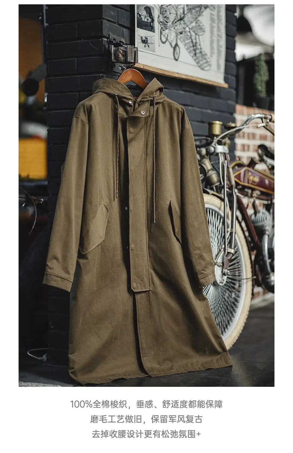Maden Retro M51 Hooded Windbreaker Loose Fit Cotton Zipper Mid-length Jacket Versatile Solid Color Outerwear for Men's Autumn Lootquake LLC