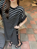2024 New Casual Korean Striped O-neck Short Sleeve Long Dress Ladies Simplicity Patchwork Loose Tshirt Dress Women Clothing
