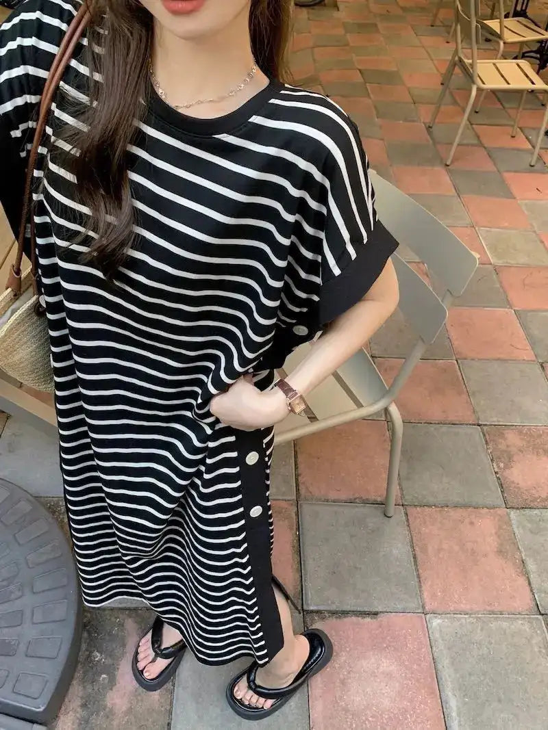 2024 New Casual Korean Striped O-neck Short Sleeve Long Dress Ladies Simplicity Patchwork Loose Tshirt Dress Women Clothing