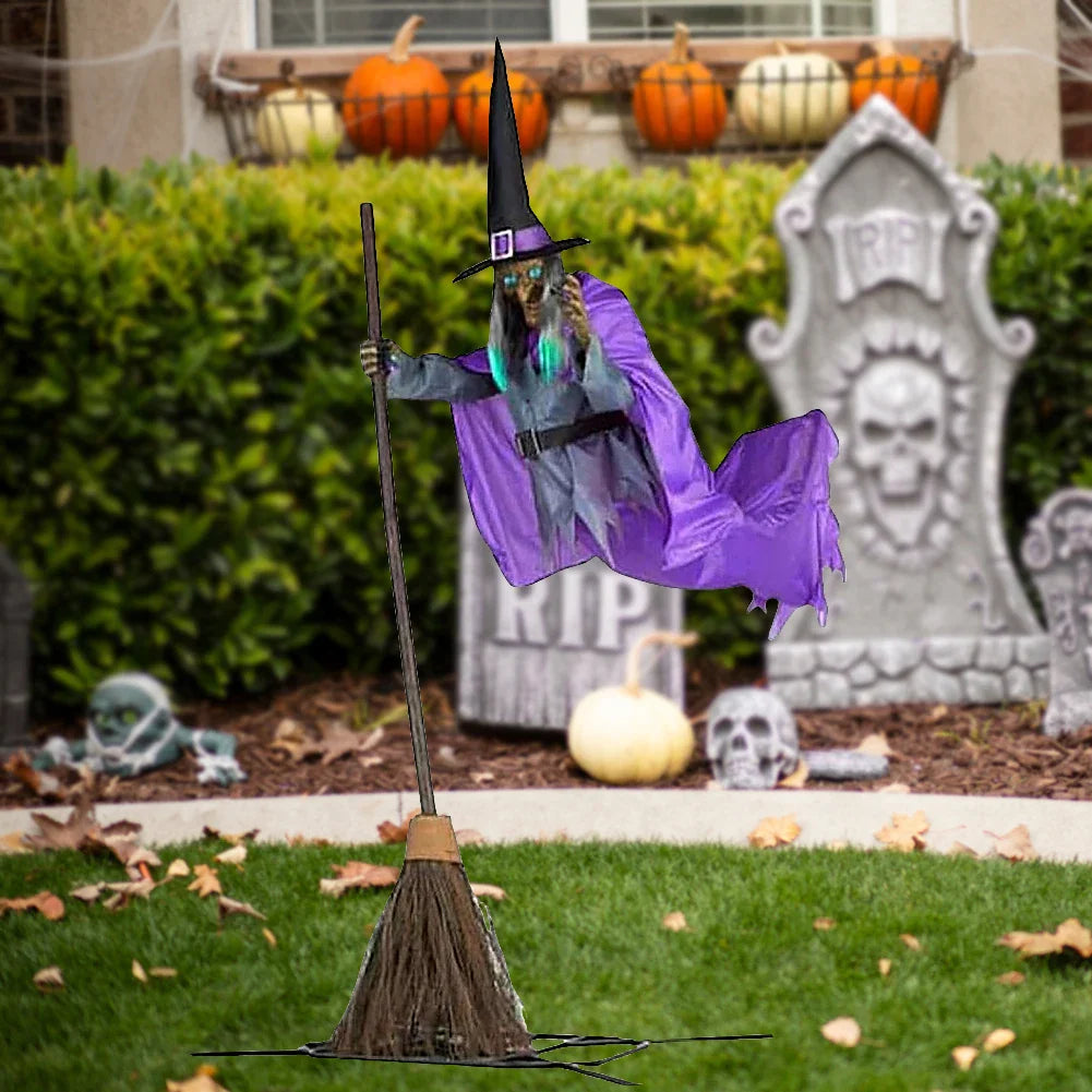Halloween Props with Terrifying Sounds and Lights Fun Costumes Flying Scary Witch Broom Wizard Decor for Garden Yard Lawn Indoor Lootquake LLC