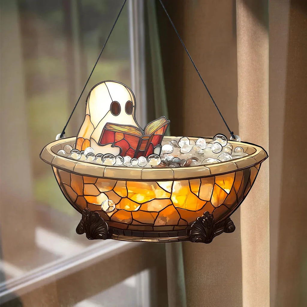 Acrylic Halloween Ghost in Bathtub Hanging Ornaments Cute Ghost Reading Book Decor Home Bedroom Living Room Window Decorations Lootquake LLC