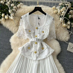 Designer 2025 Summer Pleated Chiffon Lace Long Dress Women Flower Embroidery Gold Button Belt Evening Party Dresses Wedding Robe Lootquake LLC