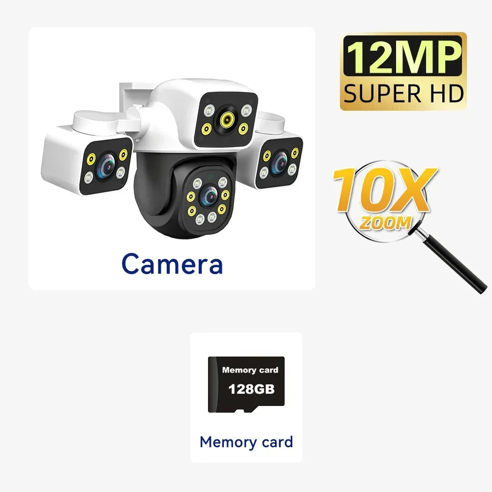 6K 12MP Outdoor WiFi Camera Three Screen Three Lens 10X Zoom PTZ Automatic Tracking Audible Visual Alarm Security Camera Lootquake LLC