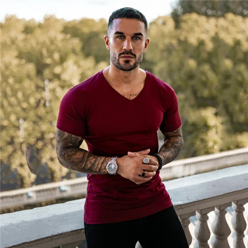 Men Fashion V Neck Short Sleeve Fitness Workout Summer Breathable Cotton - SJB-DIAMOND ELITES