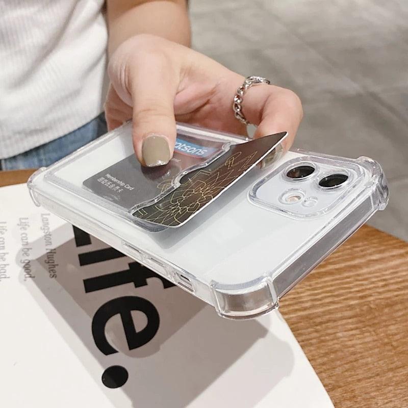 Transparent Card Slot Holder Case For iPhone11 13 12 Pro Max X XS XR Max 8 Plus Clear Shockproof Soft Wallet Cover Clear Case with Card Slot Slim Fit Shockproof Soft Protective Case Stevvex