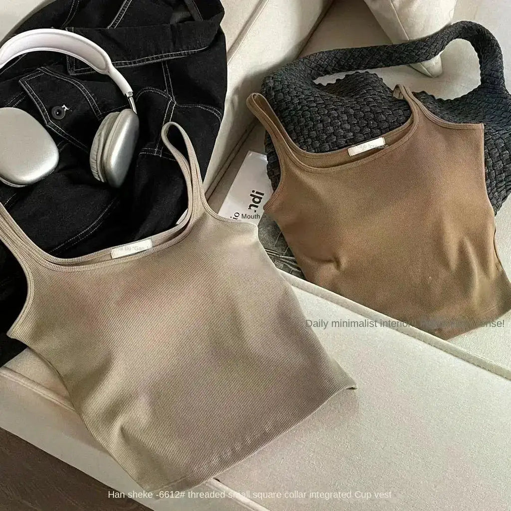Solid All-Match Invisible Integrated Chest Pad Cami 2024 Spring New Korean Women clothes Short Sleeveless Top