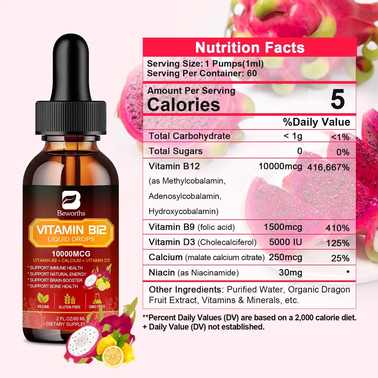 BEWORTHS Vitamin B12 and Vitamin D3 Drink Vitamin Complex Supplements Immune and Intestinal Digestive Health Brain &Heart Health Lootquake LLC