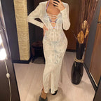 Deep V Dress Lace Up Long Sleeve Women Split Maxi Dress Crochet Knitted Tunic Mesh Sheer Sexy Bodycon Long Dress Vestido V4146B
