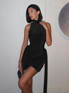 Turtleneck Sleeveless Mini Dress | Ruched Asymmetrical Party Dress - Femstylo