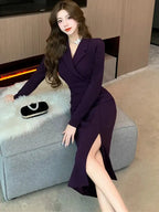 Women Pink Pleated Bodycon Formal Long Dress Autumn Winter Long Sleeve Chic Suit Dress 2025 Korean Fashion Elegant Party Dresses
