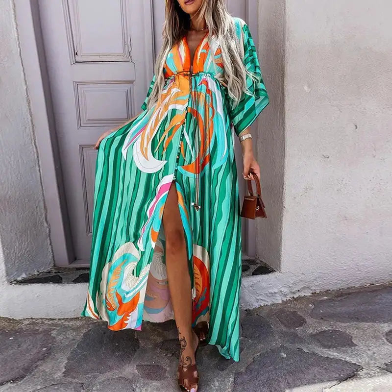 2023 Women Gorgeous Boho Print Maxi Beach Dress Summer Deep V Slit Elastic Waist Party Dress Elegant Holiday Long Dress Vestidos