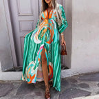 2023 Women Gorgeous Boho Print Maxi Beach Dress Summer Deep V Slit Elastic Waist Party Dress Elegant Holiday Long Dress Vestidos