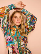 2025 printed round neck cinched waist strap pleated ruffle edge retro pleated dress cardigan temperament versatile dress