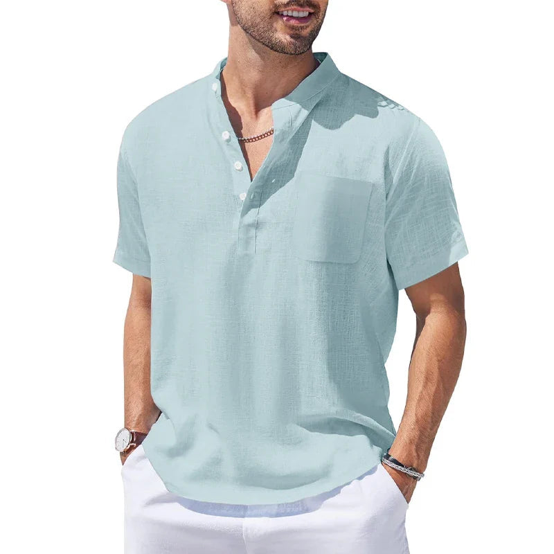 New Mens Henley Short Sleeve Casual Shirt Summer Cotton Shirts Beach Shirts Banded Collar Tshirts lightweight Shirts with Pocket Lootquake LLC