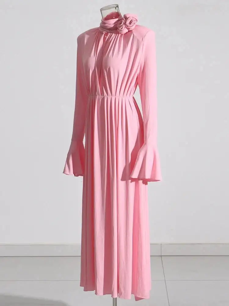 Solid Patchwork Appliques Dresses For Women Half High Collar Flare Sleeve High Waist Elegant Long Dress Female Fashion New