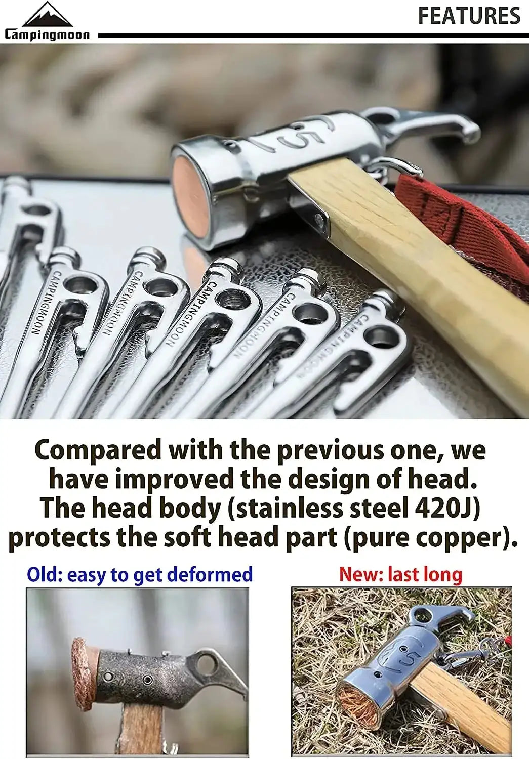 Campingmoon 1PCS Outdoor Multi-purpose Stainless Steel Copper Head Nail Puller Camping Hammer Fixed Tent Nail With Safety Rope