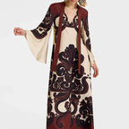 Ethnic Vintage Pattern Print Muslim Women Dresses Spring V Neck Lace-up Loose Long Dress Autumn 3/4 Flare Sleeve Boho Maxi Dress Lootquake LLC