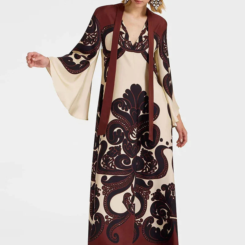 Ethnic Vintage Pattern Print Muslim Women Dresses Spring V Neck Lace-up Loose Long Dress Autumn 3/4 Flare Sleeve Boho Maxi Dress Lootquake LLC