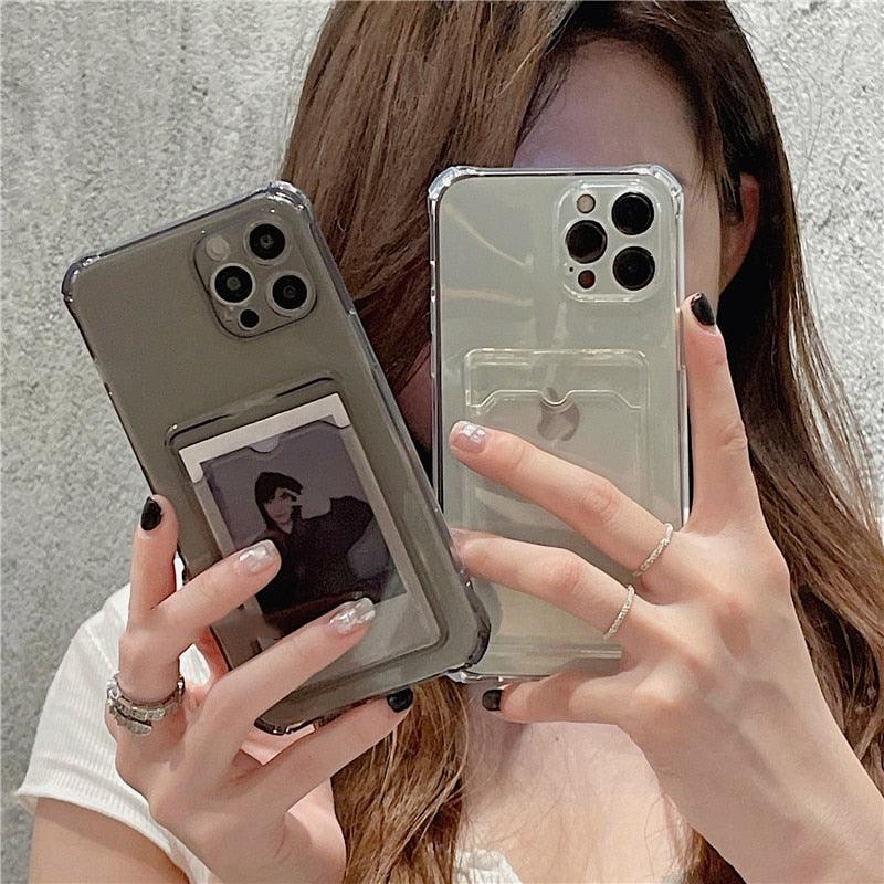 Transparent Card Slot Holder Case For iPhone11 13 12 Pro Max X XS XR Max 8 Plus Clear Shockproof Soft Wallet Cover Clear Case with Card Slot Slim Fit Shockproof Soft Protective Case Stevvex
