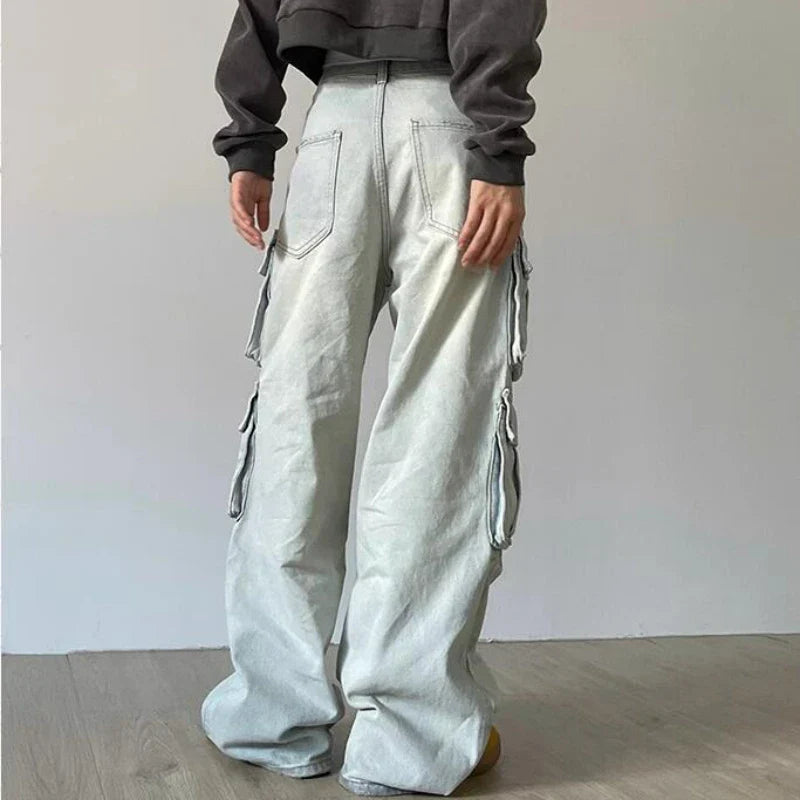 Autumn Winter New Ladies Cargo Jeans American Street Style Baggy Cargo Pants Women Blue Multi-pocket Wide Leg Jeans for Women Lootquake LLC
