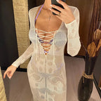 Deep V Dress Lace Up Long Sleeve Women Split Maxi Dress Crochet Knitted Tunic Mesh Sheer Sexy Bodycon Long Dress Vestido V4146B