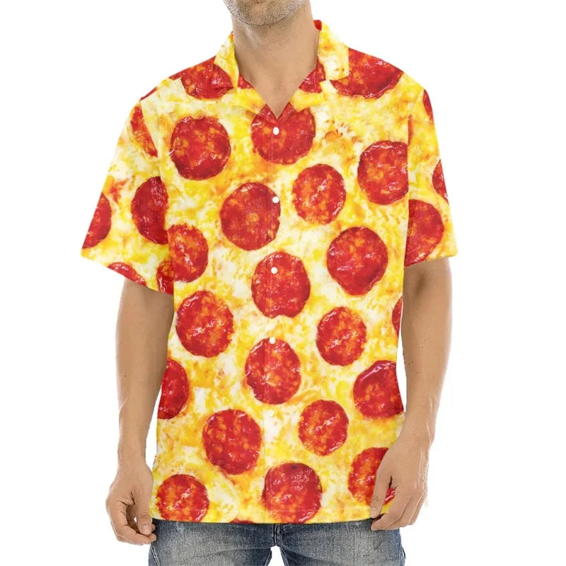 3D Print Pepperoni Pizza Graphic Aloha Shirts For Men Short Sleeve Oversized Beach Hawaii Shirts Mens Button Up Tee Shirt Tops Lootquake LLC