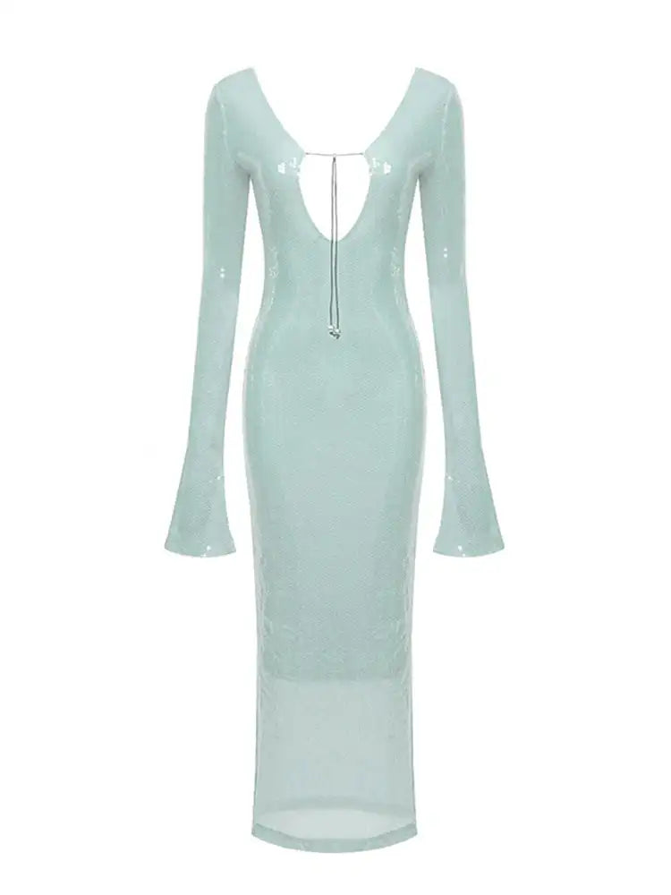 BEVENCCEL Sexy Luxury Sequins Deep V Long Sleeve Backless Sequins Long Dress Elegant  Bodycon Maxi Evening Party Clubwear Dress