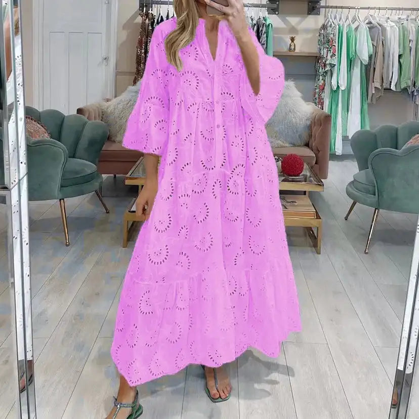 Fitshinling Cotton Long Dress Women Costume Flare Sleeve Slim A-Line Robe Fashion Hollow Out Lace Maxi Dresses Dance Wear