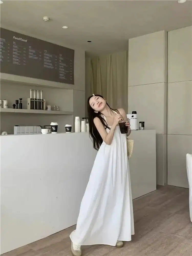 Summer Vacation Dress Thailand Style Open-back Halter Neck Age-reducing Photography Beach Long Dress Belted