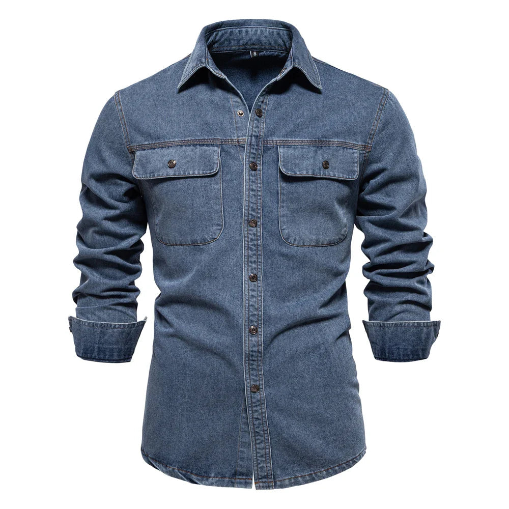 AIOPESON Brand New Mens 100% Cotton Denim Shirts Double Pocket Casual Cowboy Mens Shirts Long Sleeve Autumn Jeans Shirts for Men Lootquake LLC